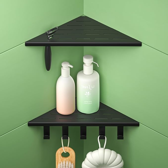 10‘’ Corner Shower Shelf, 304 Stainless Steel Shelves for Bathroom, Grout in Shelf with Hooks for Tiled Wall (Matte Black)