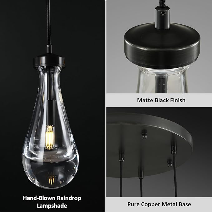 Bronze 5 Light Raindrop Chandeliers, Black Cluster Pendant Light Teardrop Dining Room Light Fixture Pendant Lights Kitchen Island, Hanging Ceiling Pendant Lighting for Entryway Living Room