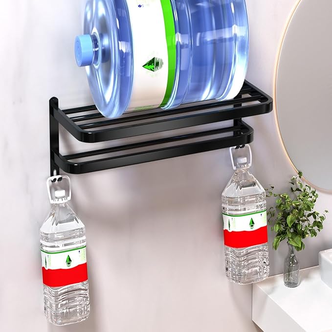 DDS-DUDES Black Towel Racks for Bathroom Towel Shelf with Double Towel Bars Lavatory Wall Mount Holder with Hooks Stainless Steel Hotel Bath Rack (Matte Black 15 inches)