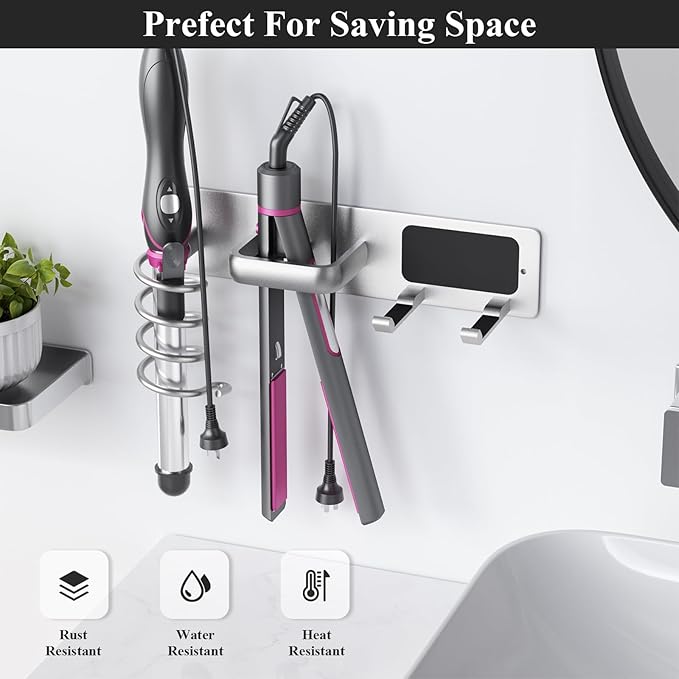 Tindbea Hair Dryer Holder Curling Iron Holder Flat Iron, Blow Dryer Holder Wall Mount, 3 in 1 Bathroom Hair Tool Organizer Rack for Universal Dryer, Silver Color