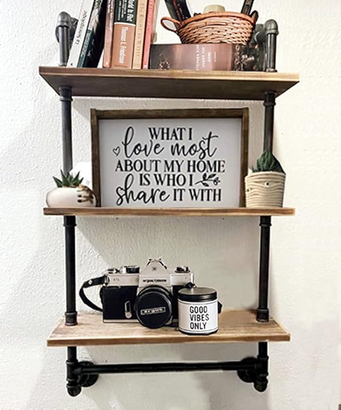 DR.IRON Industrial Pipe Shelving Rustic Bathroom Shelves with Towel Bar, 24" Pipe Shelf Wall Mounted, Farmhouse Bathroom Shelf Storage (3 tier-24)