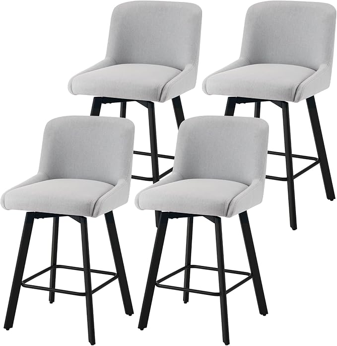 Swivel Bar Stools Set of 4, 26''H Upholstered Barstools with Backs, Modern Counter Height Bar Stool Chairs for Kitchen Island, Metal Legs, Fabric, Light Gray Counter Stools