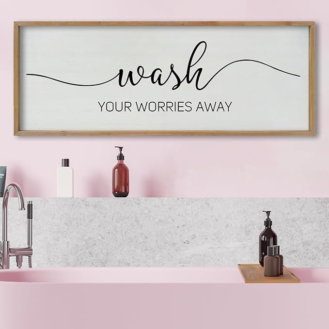 SRSZHIYUE Wash Your Worries Away Bathroom Sign Wall Art 40"x15" Funny Restroom Toilet Large Wood Framed Hanging Decor (Wood)