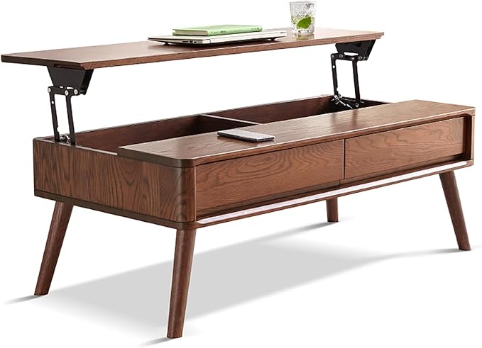 Solid Oak Wood Lift Top Coffee Table for Living Room, Mid Century Modern Tables with Drawers and Large Storage, Coffee Tables for Small Spaces (Oak Walnut Color, 39.37" W x 21.65" D x 25.59" H)