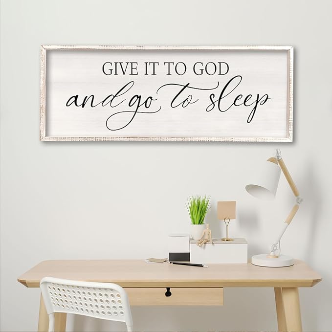comurdyo Give It To God And Go to Sleep Sign 32''×12'' Master Bedroom Above Bed Wall Decor Wood Framed Couple Large Farmhouse Guest Room Rustic Simple Over Bedside Wall Art Hanging Decor (White)