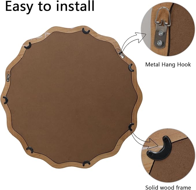 Round Mirror Vanity Mirrors for Bathroom with Wavy Wood & Beaded Frame - Wall Mirrors for Living Room,Entry Mirrors for Wall,Decorative Mirror