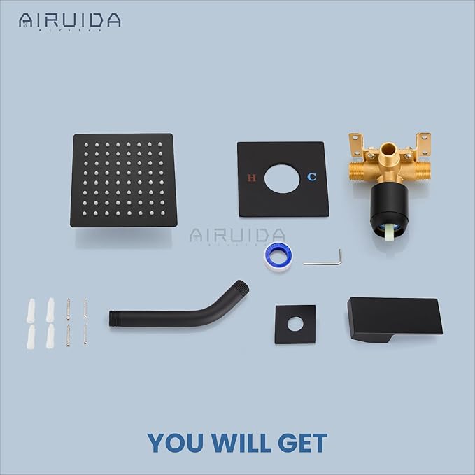 Airuida Shower Faucet Set Bathroom Rain Shower System SUS304 Stainless Steel Single Handle With Male Threads Rough-in Valve Shower Trim Kit 6 Inch Wall Mount Shower Head Matte Black