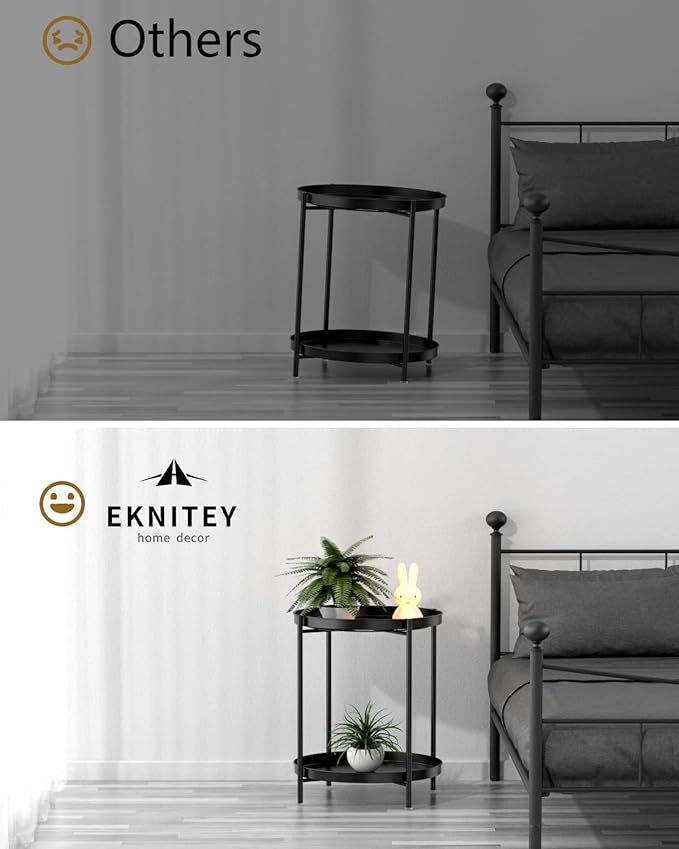 EKNITEY 2 Tier End Table - Metal Side Table Waterproof Small Sofa Coffee Side Tables Bedroom Indoor Outdoor with Removable Tray for Living Room Bedroom Balcony and Office (Black)