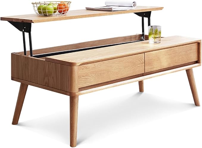 100% Solid Wood Lift Top Coffee Table for Living Room, Mid Century Modern Tables with Drawers and Large Storage, Oak Coffee Tables for Small Spaces (Oak Wood Log, 39.37" W x 21.65" D x 25.59" H)