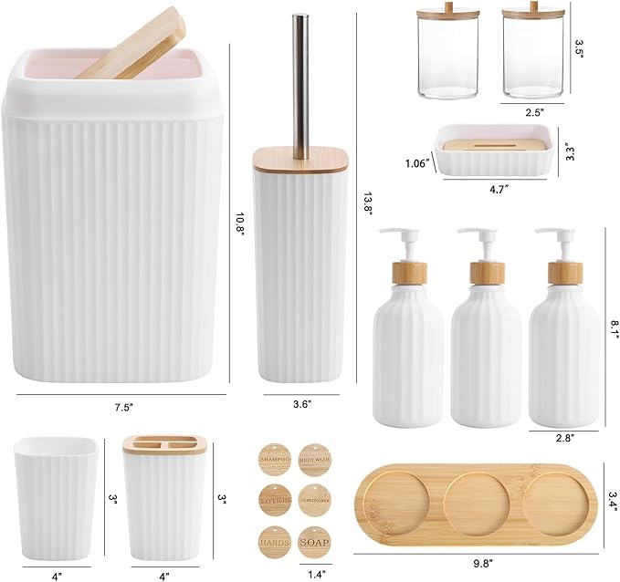 Bathroom Accessories Set White Bathroom Set with Trash Can,3PCS Lotion Soap Dispenser, Toothbrush Holder, Soap Dish,Tumbler Cup,6pcs Wood Tags White Bath Accessories with Tray for Bathroom Decor
