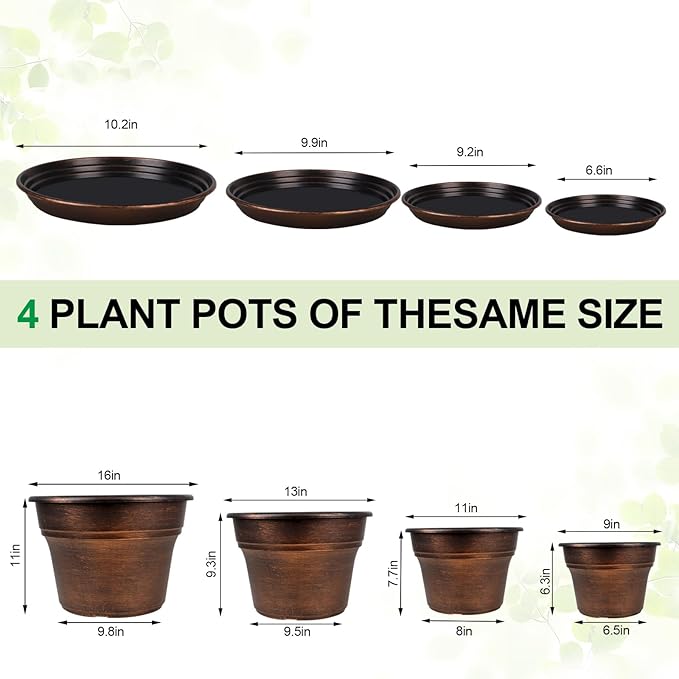 Plant Planters Pots Set of 4 Pack 11 Inch, Plastic Flower Pot for Indoor Plants with Drainage Holes & Trays, Resin Decorative Container Sets with Saucer for House Outdoor Garden Planters Copper