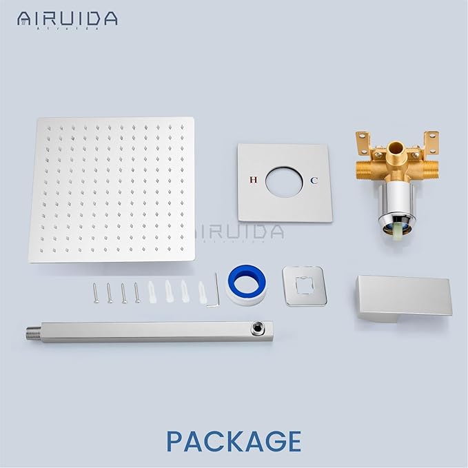 Airuida Shower Faucet Set Bathroom Rain Shower System SUS304 Stainless Steel Single Handle With Male Threads Rough-in Valve Shower Trim Kit 12 Inch Wall Mount Shower Head Chrome Polish