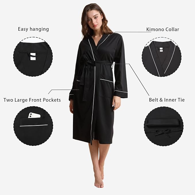 Womens Kimono Robe Lightweight Soft Bathrobe Sleepwear Loungewear with Pockets