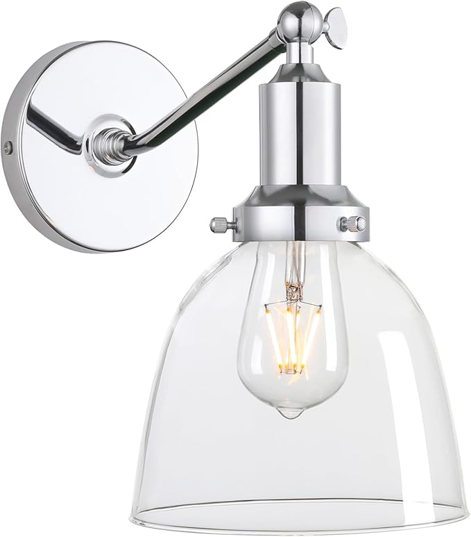 PERMO Industrial Vintage Wall Sconce Chrome Wall Sconce with 6.7" Oval Dome Clear Glass Shade Light Lamp Fixture
