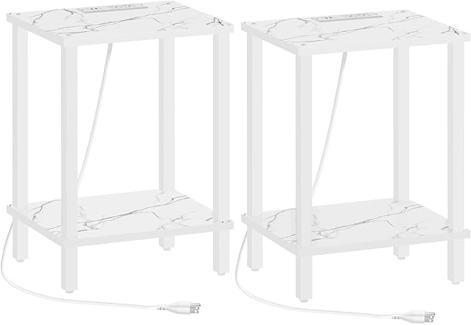 TUTOTAK End Table with Charging Station, Set of 2, Small Side Table, Nightstand Bedside Table, 2-Tier Storage Shelf for Small Space, Living Room, Bedroom, Marble White TB01BMW041
