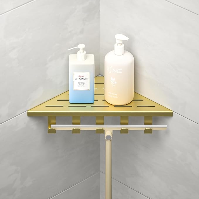 10‘’ Corner Shower Shelf, 304 Stainless Steel Shelves for Bathroom, Grout in Shelf with Hooks for Tiled Wall (Gold)