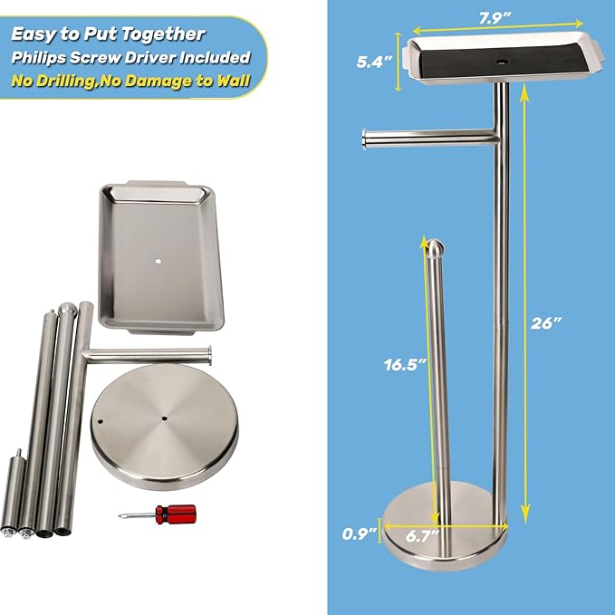 Toilet Paper Holder Stand for Bathroom Floor Freestanding Toilet Roll Dispenser Storages 4 Reserve Rolls, with Top Storage Shelf for Cell Phone (Brushed Nickel)