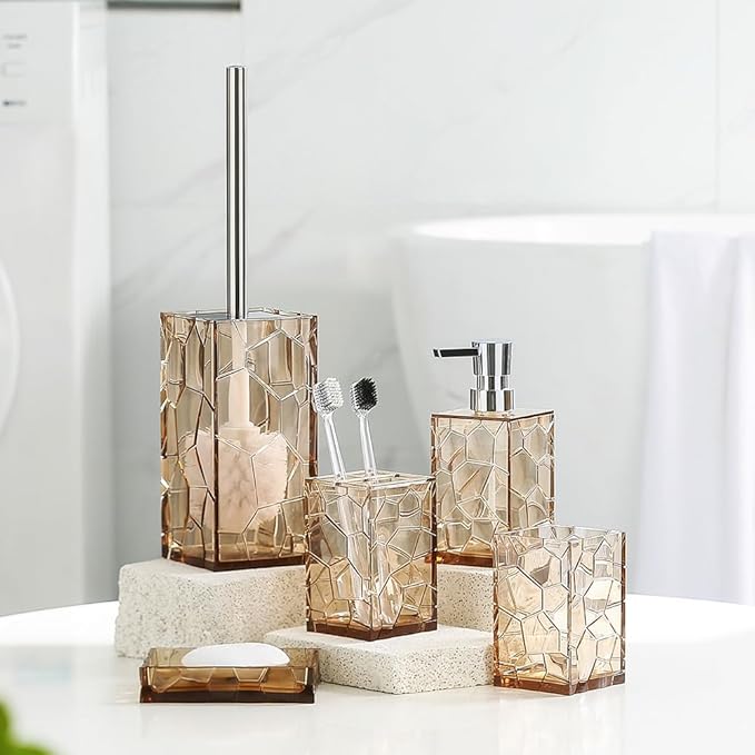 Clear Acrylic Bathroom Accessories Set - Rust-Free, Transparent Design - Includes Soap Dispenser, Toothbrush Holder, Cup, Soap Dish, and Toilet Brush 5-Piece (Brown)