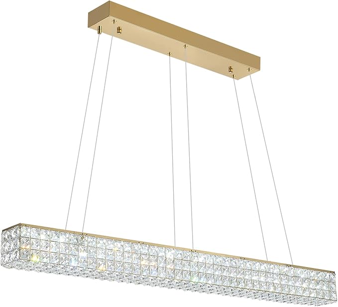 W48 Rectangular Gold Crystal Chandelier Modern Rectangle Pendant Ceiling Light Fixture for Living Room Dining Room Kitchen Island Bar