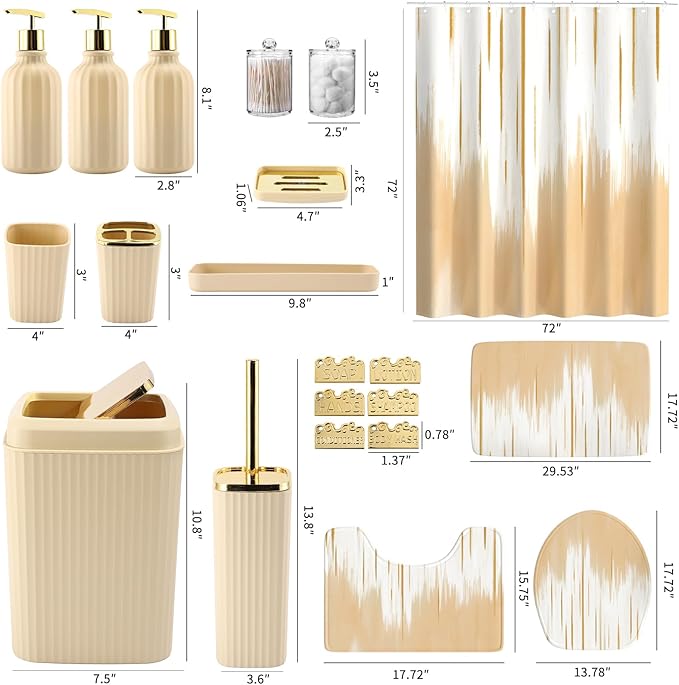32PCS Bathroom Sets with Shower Curtain and Rugs-Beige Bathroom Accessories,Non Slip Bathroom Rugs Set with Toilet Lid Cover, Waterproof Shower Curtain, 3PC Soap Dispenser with Trash Can