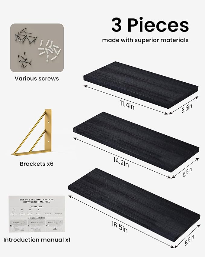 BAYKA Wall Shelves for Bedroom Decor, Floating Wall Shelves for Living Room Kitchen Storage, Wall Mounted Rustic Wood Floating Shelves for Kids Books, Corner Shelves for Bathroom, Office(Set of 3)