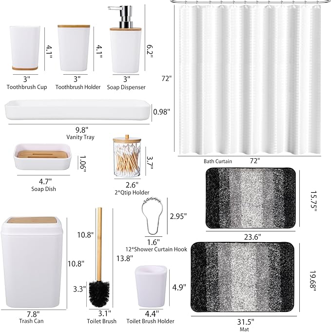 White Bathroom Sets Accessories with Waffle Shower Curtain and Bath Mats,Bathroom Sets with Trash Can,Toothbrush Holder,Toothbrush Cup,Soap Dispense,Tray,Soap Dish,Toilet Brush,Qtip Holder