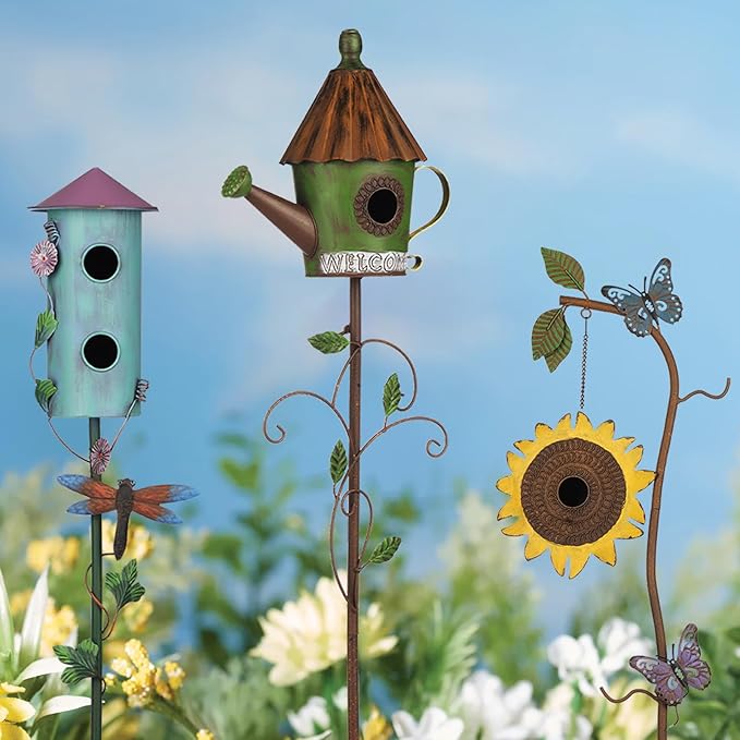 BAYN 57” Bird Houses Stake for Outside, Metal Watering Can Birdhouse Garden Stake Wild Bird Feeder Pole with Welcome Sign Outdoor Decorations for Patio, Backyard, Garden