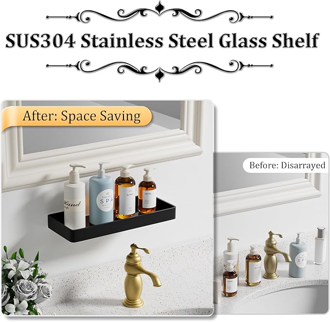 Alise Glass Bathroom Shelf,Black 11.8 Inch Rectangular Floating Shelves for Bathroom, Showers, Vanities, Kitchens,SUS304 Stainless Steel Glass Shelf for Toilet Room Decoration