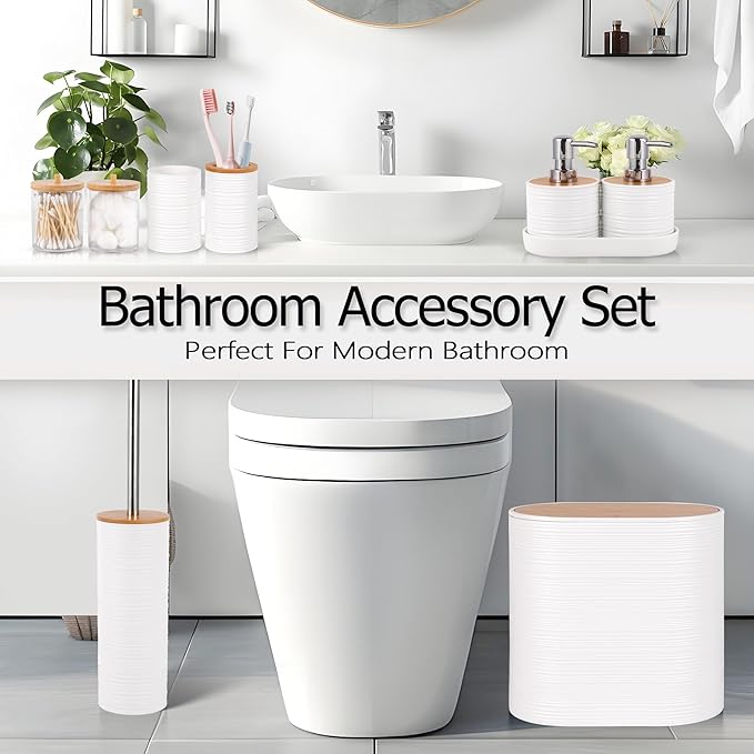 White Bathroom Set, 25 PCS Bathroom Accessories Set with Shower Curtains, Rugs, Trash Can, Toothbrush Holder, Soap Dispensers, Toothbrush Cup, Vanity Tray, Soap Dish, Toilet Brush, Qtip Holders