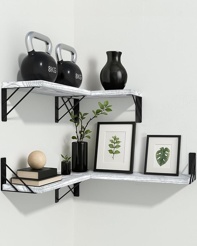 BAYKA Wall Shelves for Bedroom Decor, Floating Wall Shelves for Living Room Kitchen Storage, Wall Mounted Rustic Wood Floating Shelves for Kids Books, Corner Shelf for Bathroom(Gray White,Set of 4)