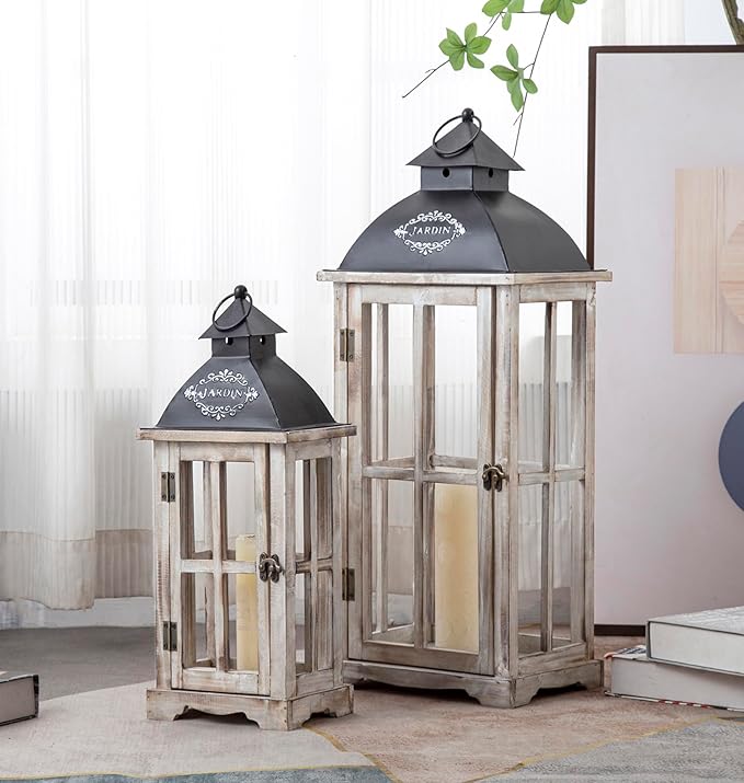 Set of 2 Large Decorative Wooden Metal Lanterns, Farmhouse Rustic Floor Candle Lanterns, Indoor/Outdoor Hanging Lanterns for Home Decor (No Glass)