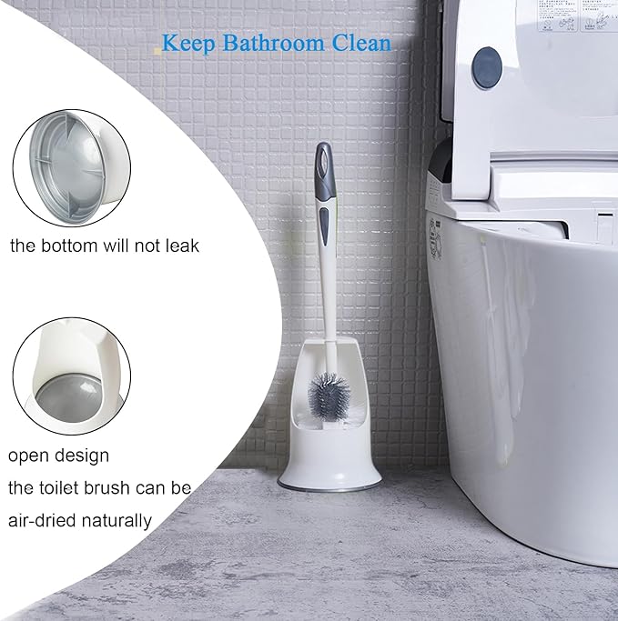 2 Pack Toilet Bowl Brush with Holder for Bathroom, Under-Rim Double Brush Head, Long Handle Household Cleaning Brushes Set (2 Pack Grey Brush with Holder)