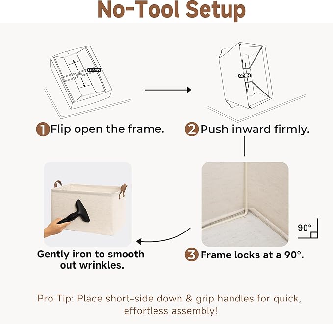 StorageWorks Storage Bins, Shelves Baskets for Organizing, 45L Extra Large Fabric Closet Organizers with Handles, Metal Frame, Beige(Cotton-linen), 2-Pack