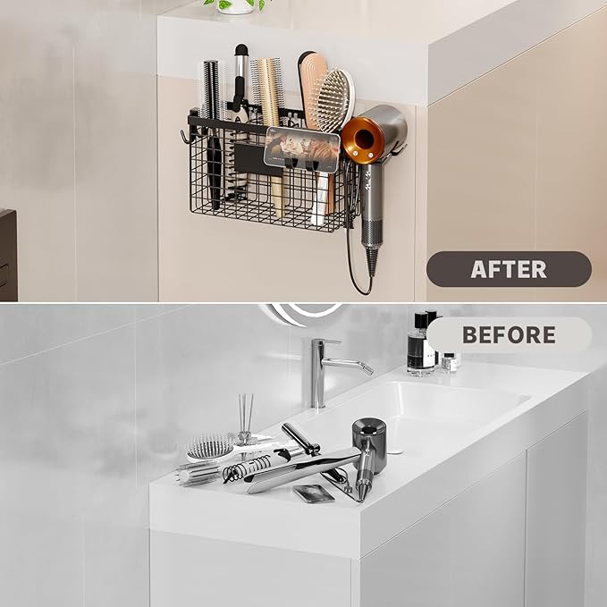 2 Pack Hair Tool Organizer,Adhesive Hair Dryer Holder Cabinet Door/Wall Mounted Adjustable Height Blow Dryer Holder Under Sink Bathroom Hair Appliance Organizer and Storage Countertop(Black)