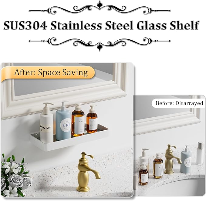 Alise Glass Bathroom Shelf, Brushed Nickel 11.8 Inch Rectangular Floating Shelves for Bathroom, Showers, Vanities, Kitchens,SUS304 Stainless Steel Glass Shelf for Toilet Room Decoration