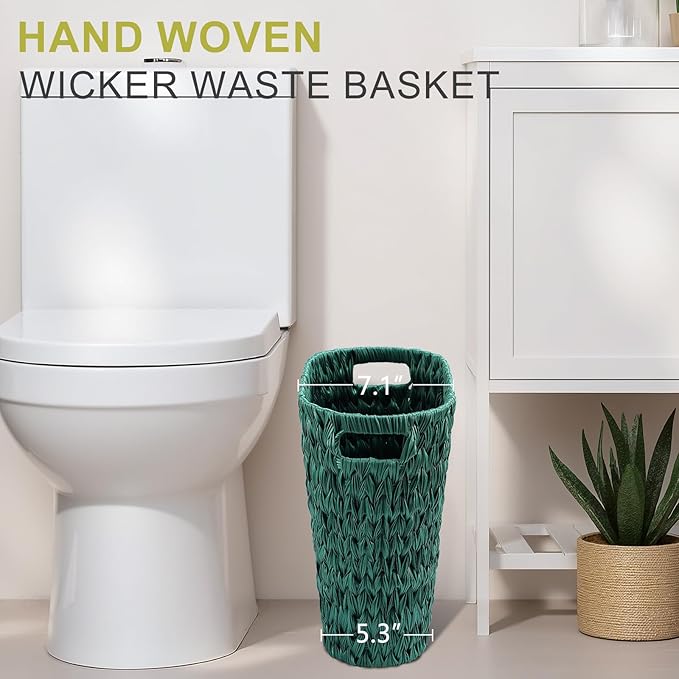 Dark Green Bathroom Accessories Set with Wicker Trash Can Shower Curtain and Rugs,Bathroom Sets Small Waste Basket Bathroom Trash Can for Bedroom Bathroom