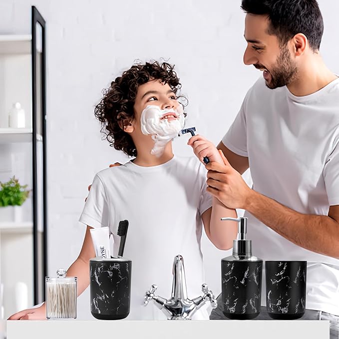 Black Marble Bathroom Accessories Set, Black Bathroom Set with Trash Can, Vanity Tray, Soap Dispenser, Soap Dish, Toothbrush Holder, Toothbrush Cup, Toilet Brush and Qtip Holders for Bathroom