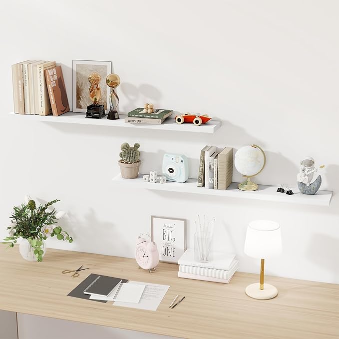 White Floating Shelves for Wall, 48 Inch Floating Shelves for Home Decor, Wall Mounted Rustic Wood Shelves, Bathroom, Hanging Deep Shelf for Bedroom, Living Room, Kitchen, 2 Packs