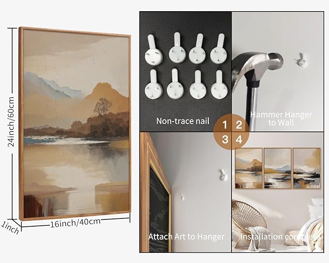 Tinonedraw Beige Mountain Landscape Framed Canvas Wall Art, Abstract Mid Century Modern Wall Decor, Golden Hour Lake Artwork, Neutral Nature Scenery Art Printing for Living Room Bedroom Office 16"x24"x3