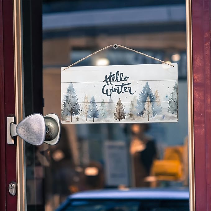 DUXMNAMG Hello Winter Welcome Hanging Wooden Signs 12x6, Pine Tree Decor, Winter Door Decorations, Winter Door Sign, Rustic Winter Christmas Snowflakes Trees Home Room Office Hanging Wall Decor