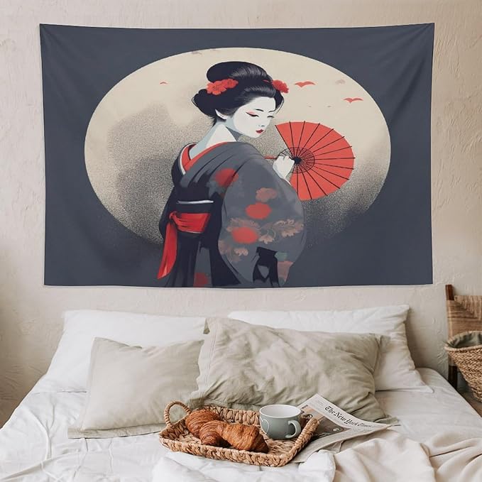 Japanese Woman Geisha Tapestry Asian Red Cherry Blossom Red Sun Traditional Kimono Folk Tapestries Home Decor for Living Room Bedroom Apartment Farmhouse Dorm 90"x60"