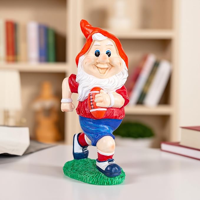 Outdoor Gnome Sculpture Garden Gnome Rugbyl Player Statue, 9.8" Tall Resin Outdoor Decoration, Red and Blue Sports Theme The for Rugby Enthusiasts