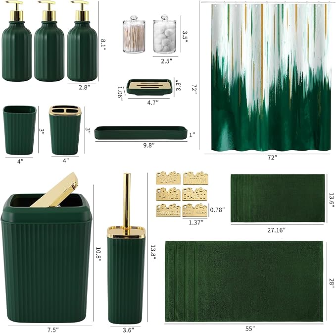 32PCS Bathroom Accessory Set Green Bathroom Accessories Bathroom Set, Shower Curtain Set, 2 Piece Bath Towel Set, 3PC Soap Dispenser, Toilet Brush & Trash Can