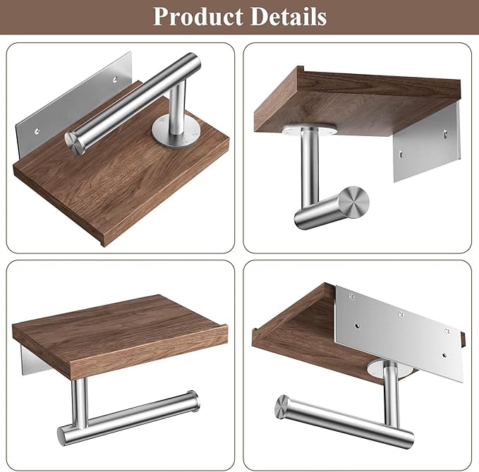 Tindbea Toilet Paper Holder with Wood Shelf, Wooden Wall Mount Tissue Paper Roll Holder, Brushed Nickel Stainless Steel Bathroom Accessories Decor Household Home Apartment Restroom Essentials (Walnut)
