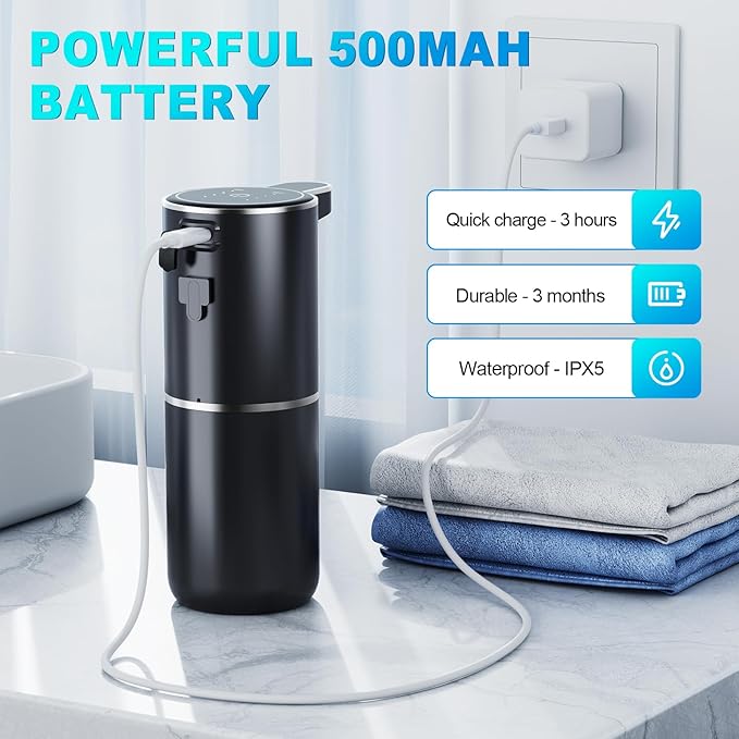 Automatic Foaming Soap Dispenser, 12.8oz/380ml Wall Mount Touchless Soap Dispenser with Sensor, 4-Level Adjustable, IPX5 Waterproof, USB Rechargeable for Bathroom, Kitchen