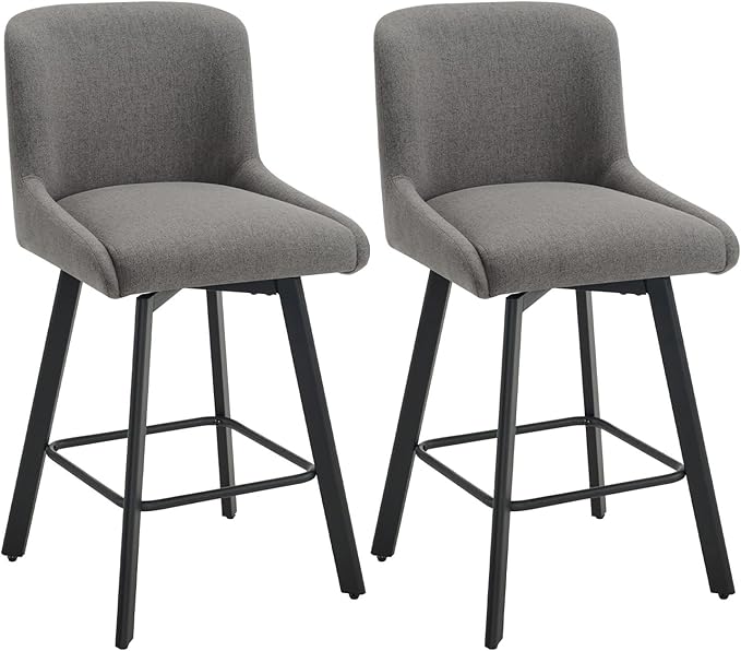 Swivel Bar Stools Set of 2, 26''H Upholstered Barstools with Backs, Modern Counter Height Bar Stool Chairs for Kitchen Island, Metal Legs, Fabric, Gray Counter Stools