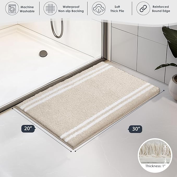 PURRUGS Bathroom Rug Non-Slip Machine Washable 20" x 30", Super Absorbent and Quick Dry Shaggy Microfiber Bath Mat, Extra Soft and Plush Bath Rug for Bathtub, Shower and Sink, Beige