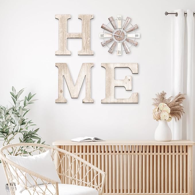 Farmhouse Home Signs with Windmill Clock Wall Decor Rustic Home Letters Wall Art for Living Room Kitchen Entryway Dining Room Bedroom (water-white)