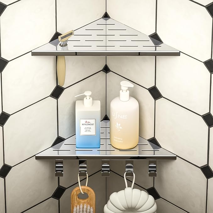 10‘’ Corner Shower Shelf, 304 Stainless Steel Shelves for Bathroom, Grout in Shelf with Hooks for Tiled Wall (Polished)
