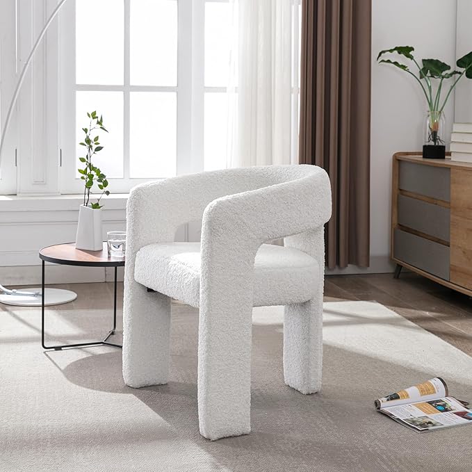 White Boucle Dining Chairs Set of 2, Modern Barrel Dining Room Chairs Upholstered Faux Fur Accent Chair with Arms and Round Back for Living Room Kitchen Armchair No Assembly Needed